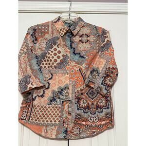 Chico's Multi-Color Patchwork Print No-Iron Blouse, Size 0